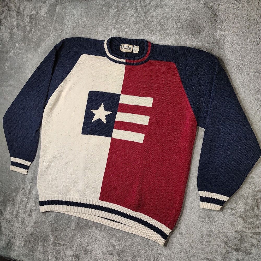 VTG Texas Flag Chunky Heavy Knit Cotton Traders Sweater Mens XL‎ Red White Blue